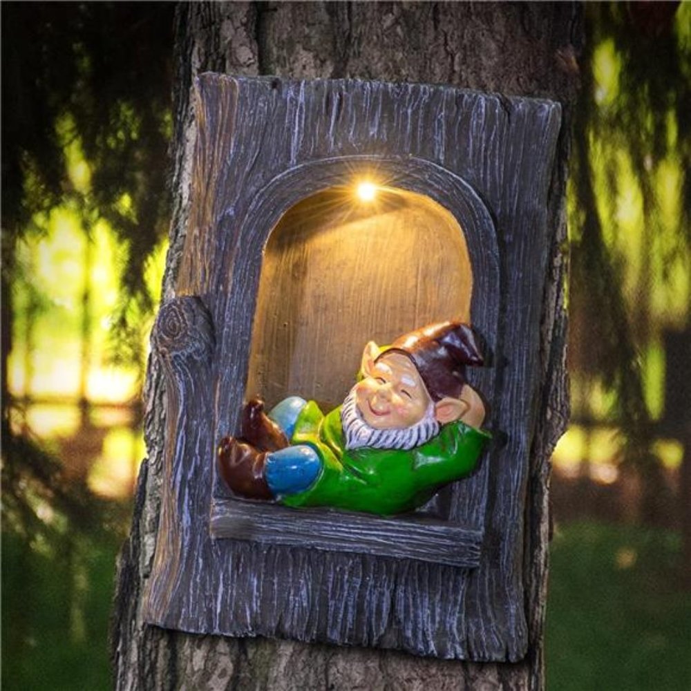 9.8 Inch Solar Gnome Statue Elf Outdoor Resin Tree Hugger Yard Sculpture Decor